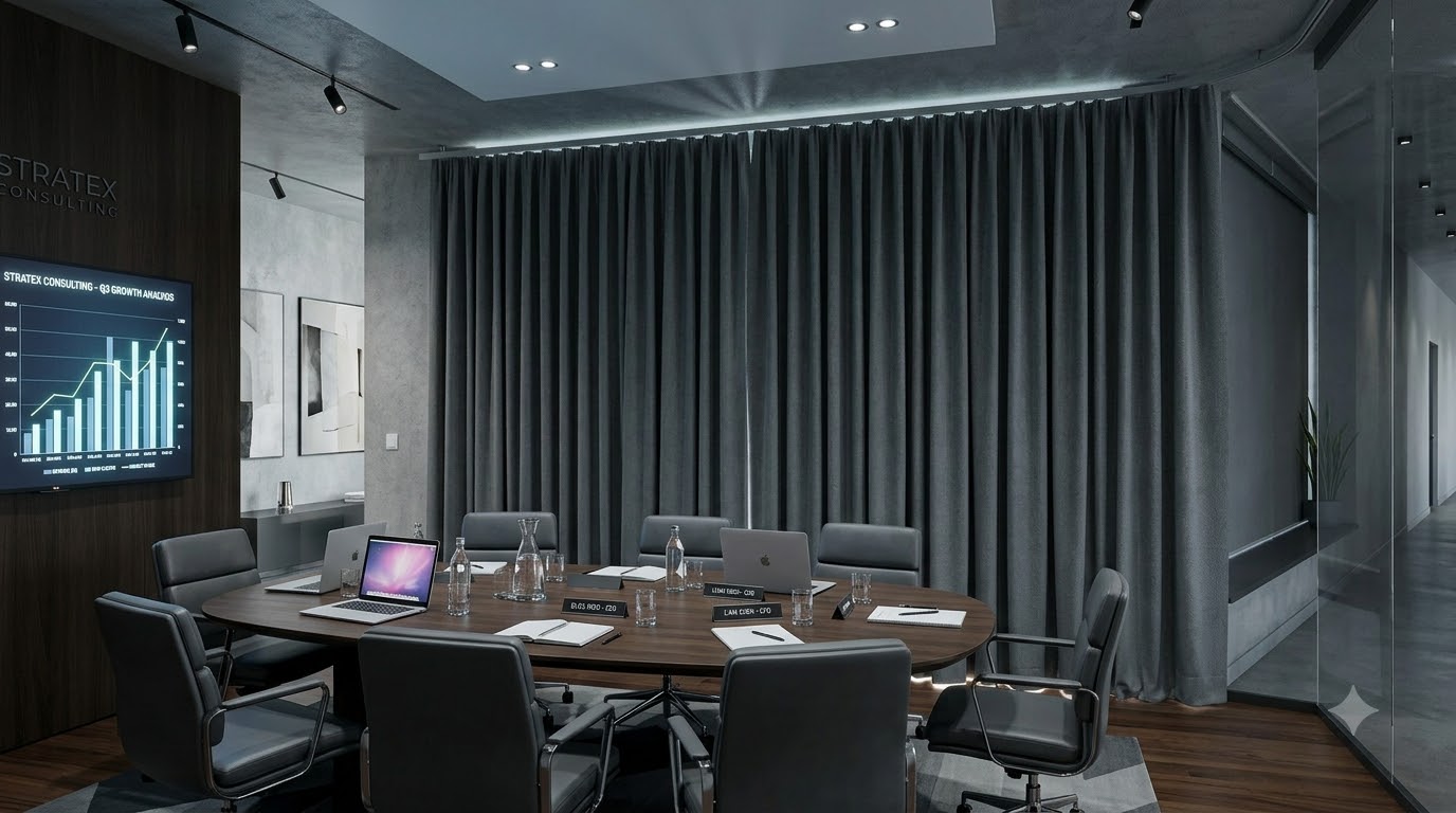 Blackout curtains in a corporate office