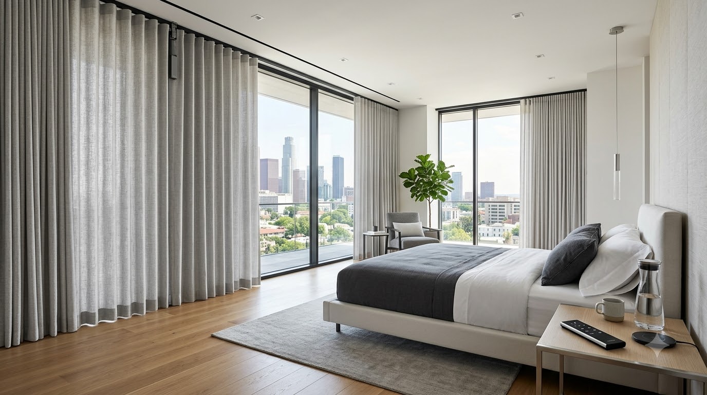 Motorized smart curtains in a bedroom
